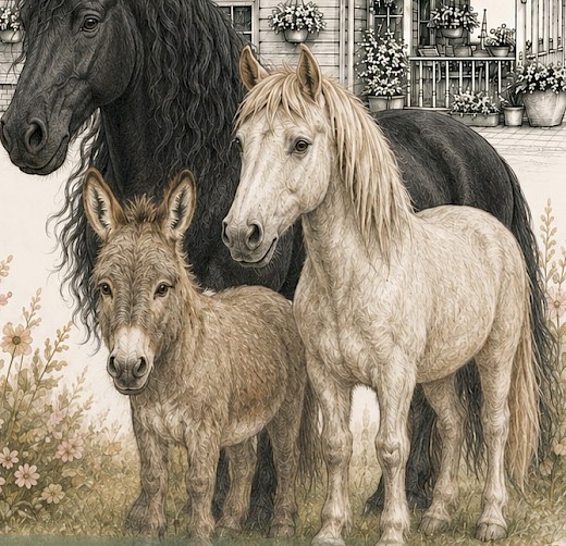 Tekening van de Friese merrie, het witte paard en de ezel op het landgoed