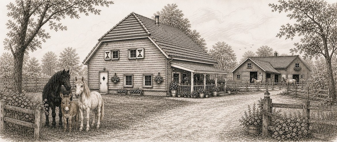 Het woonhuis en de stallen op het erf