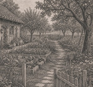De moestuin en boomgaard